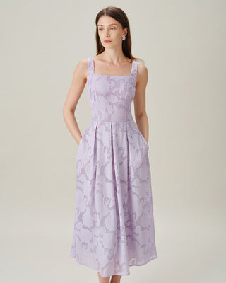 Vestido Midi Jacquard con Cuello Cuadrado Púrpura