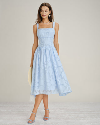 Vestido Midi de Encaje Jacquard con Escote Cuadrado Azul