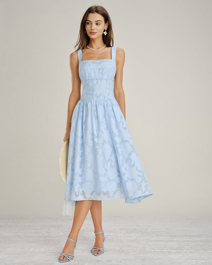 Vestido Midi de Encaje Jacquard con Escote Cuadrado Azul