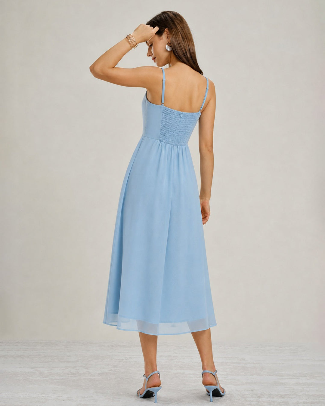 Vestido Midi de Chiffon con Escote Cuadrado y Abertura Azul
