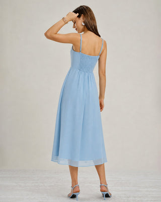 Vestido Midi de Chiffon con Escote Cuadrado y Abertura Azul