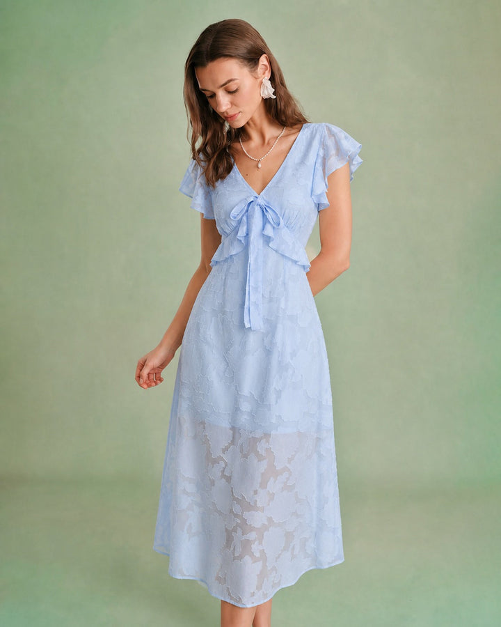 Vestido Midi de Jacquard con Volantes y Escote en V Azul