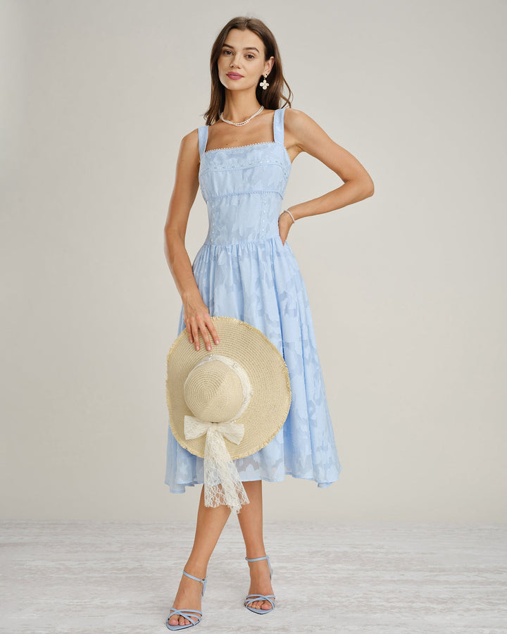 Vestido Midi de Encaje Jacquard con Escote Cuadrado Azul