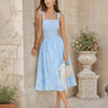 Vestido Midi de Encaje Jacquard con Escote Cuadrado Azul