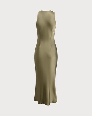 Vestido Midi Slip de Satén Verde con Escote Barco