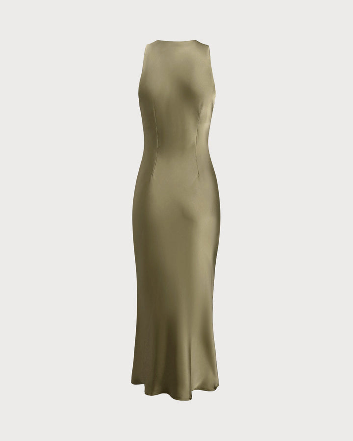 Vestido Midi Slip de Satén Verde con Escote Barco