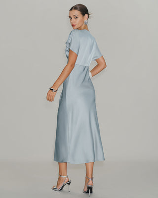Vestido Midi de Satén con Cuello en V y Mangas de Cowl