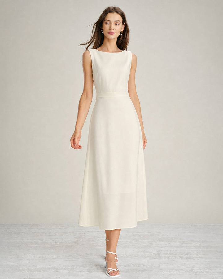 Vestido Midi de Satén Perla con Escote Barco Melocotón