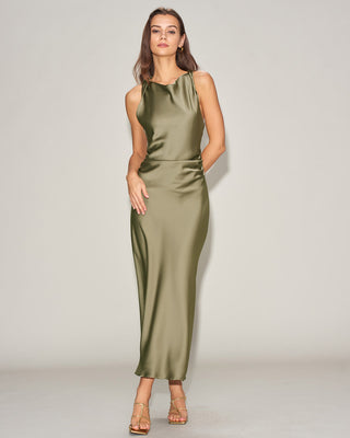Vestido Midi Slip de Satén Verde con Escote Barco