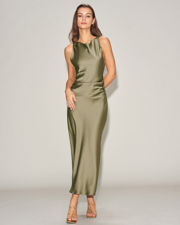 Vestido Midi Slip de Satén Verde con Escote Barco
