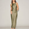 Vestido Midi Slip de Satén Verde con Escote Barco