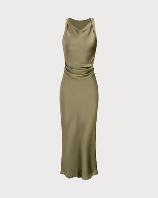 Vestido Midi Slip de Satén Verde con Escote Barco