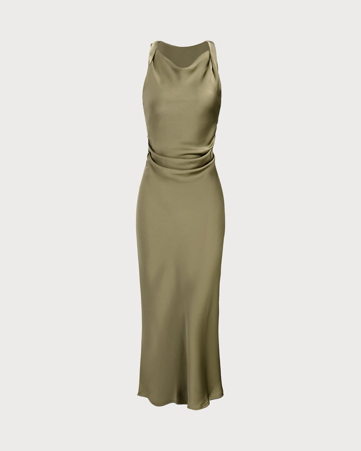 Vestido Midi Slip de Satén Verde con Escote Barco