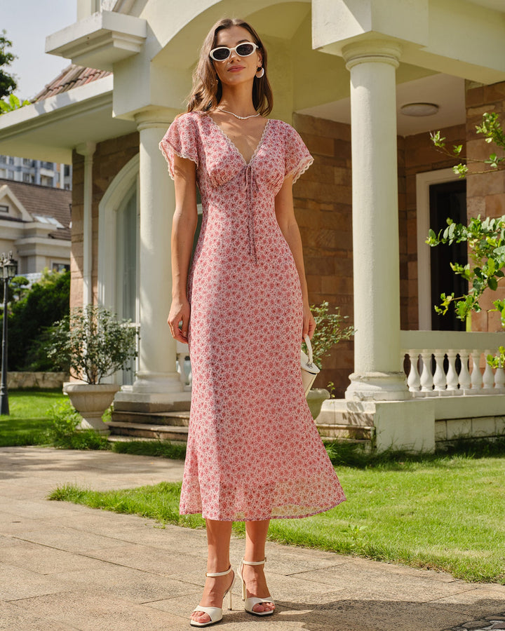 Vestido Midi de Encaje Floral Rosa con Escote en V