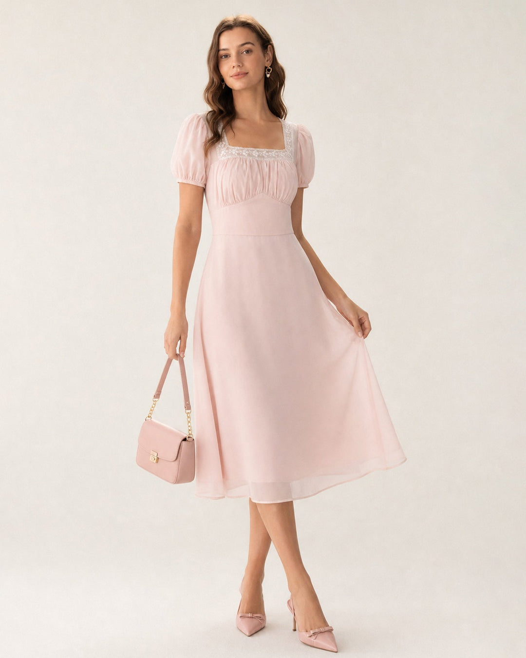 Vestido Midi de Chifón con Cuello Cuadrado Rosa