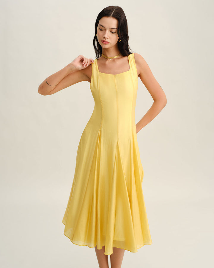 Vestido Midi de Tirantes Plisados con Escote Cuadrado Amarillo