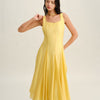 Vestido Midi de Tirantes Plisados con Escote Cuadrado Amarillo
