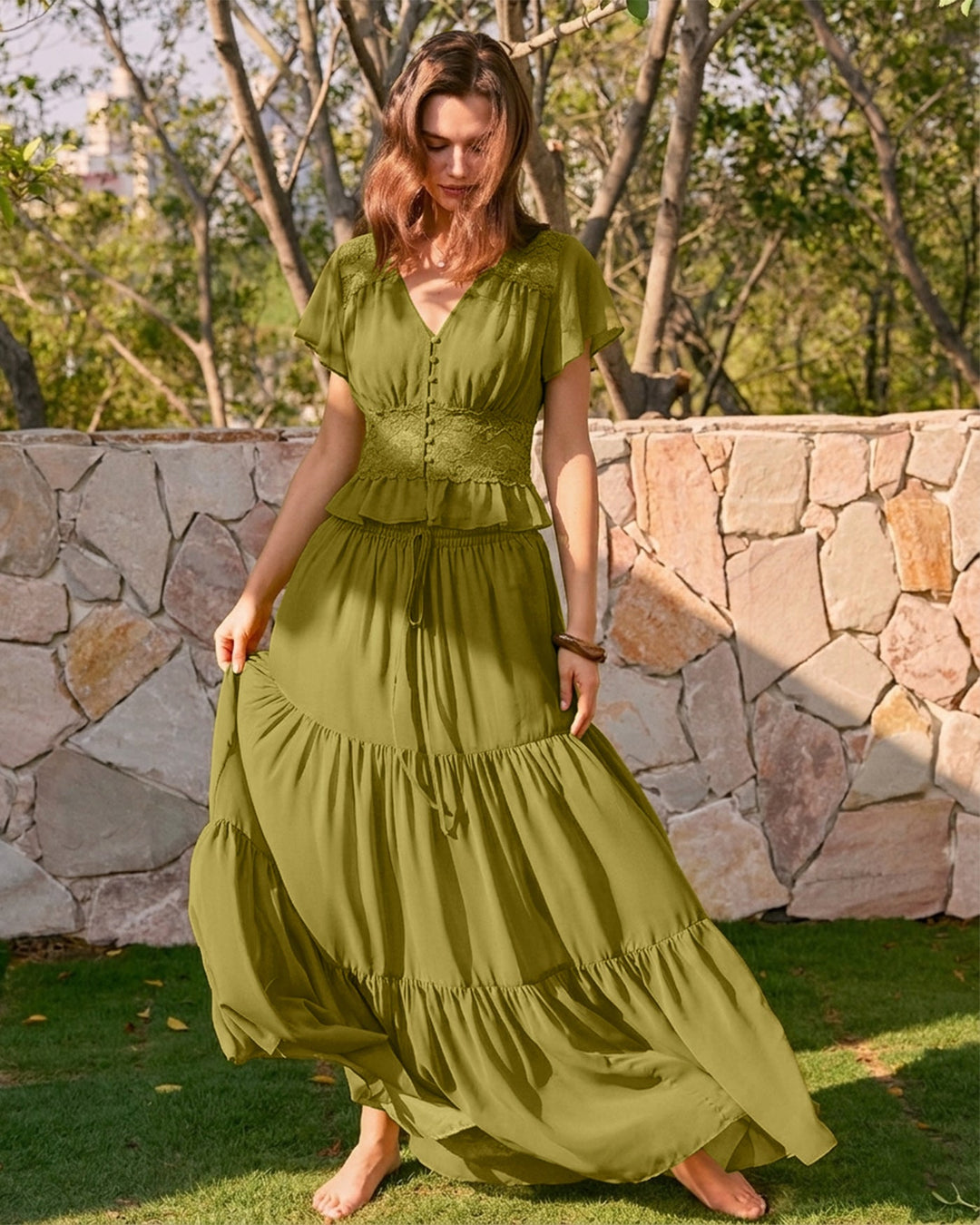 Falda Maxi de Chifón con Cintura Elástica Verde
