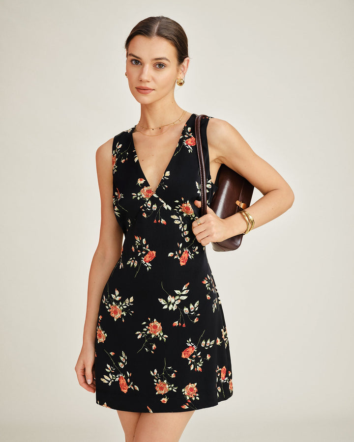Vestido Mini A-Line Floral con Cuello en V Negro