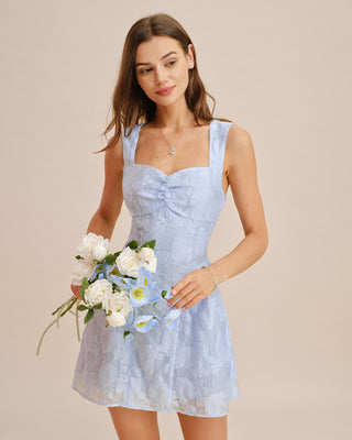 Vestido Mini Jacquard con Escote Corazón Azul