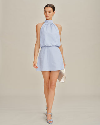 Vestido Mini de Cuello Alto con Rayas en Azul