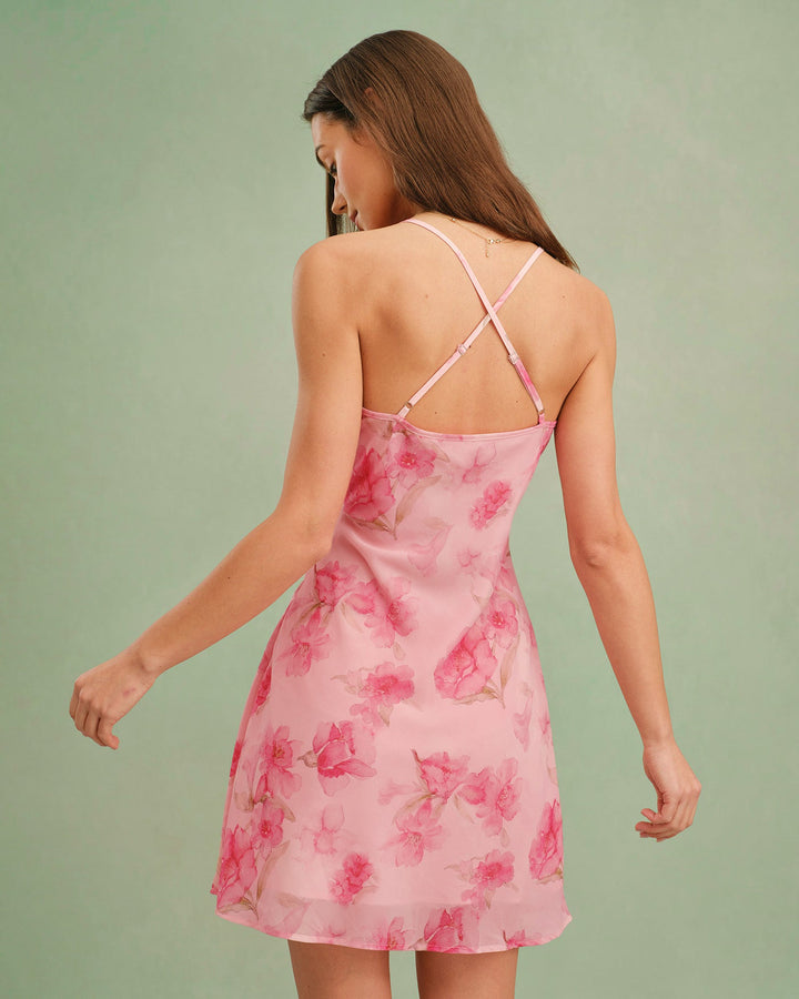 Vestido Mini Deslizante Floral con Cuello de Cowl Rosa