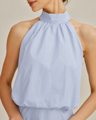 Vestido Mini de Cuello Alto con Rayas en Azul