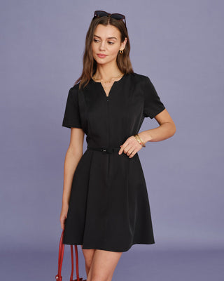 Vestido Mini Fruncido Cinturón Negro