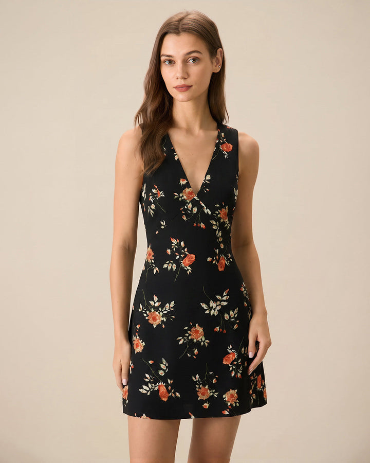 Vestido Mini A-Line Floral con Cuello en V Negro