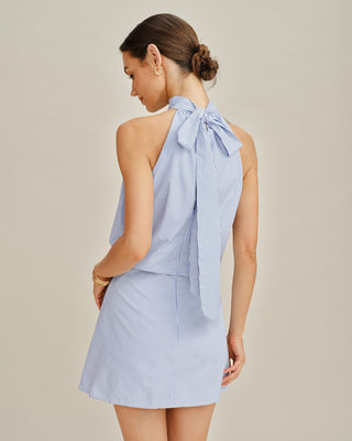 Vestido Mini de Cuello Alto con Rayas en Azul