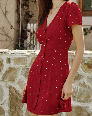 Vestido Mini de Lunares con Cuello en V Color Rojo Vino