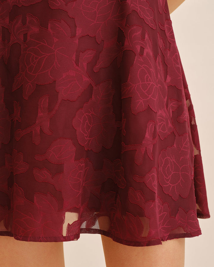 Vestido Mini Jacquard de Cuello Cuadrado Color Rojo Vino