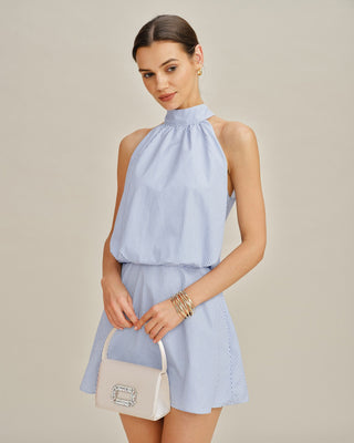 Vestido Mini de Cuello Alto con Rayas en Azul