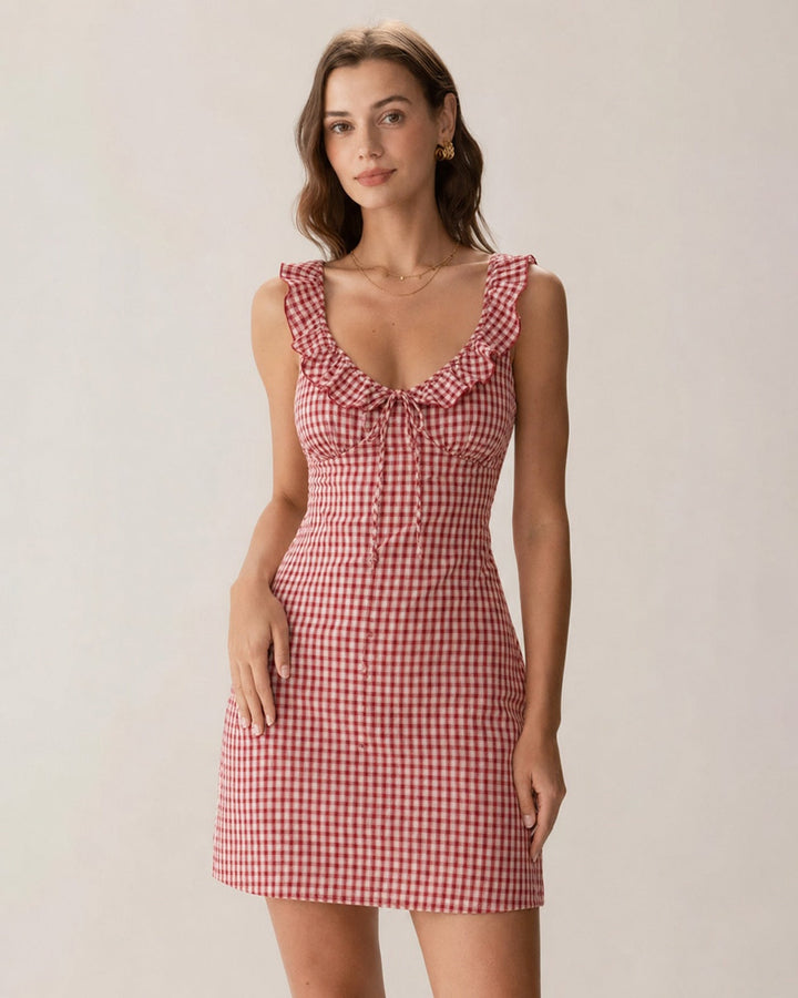Vestido Mini Deslizante de Cuello en V a Rayas Rojo