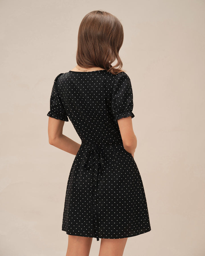 Vestido Mini Negro con Cuello en V y Lunares
