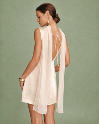 Vestido Mini de Satén con Cuello Barco y Cinta en Melocotón