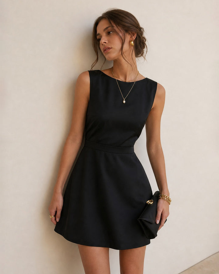 Vestido Mini A-Line de Perlas con Cuello Barco Negro