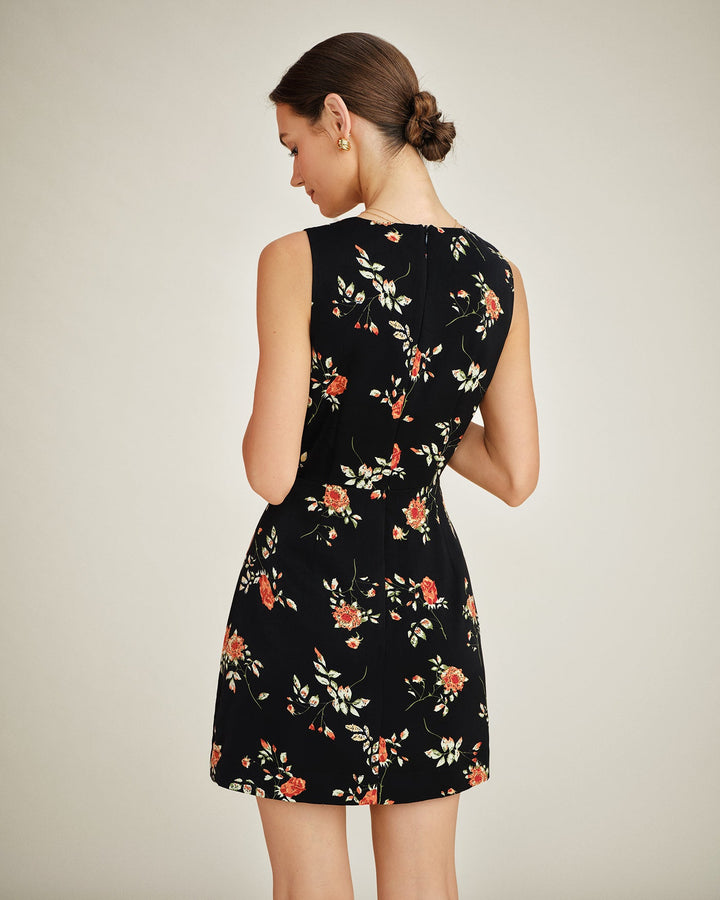 Vestido Mini A-Line Floral con Cuello en V Negro