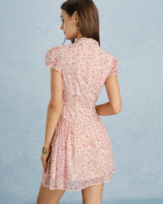 Vestido Mini de Chifón Floral con Cuello Alto Rosa
