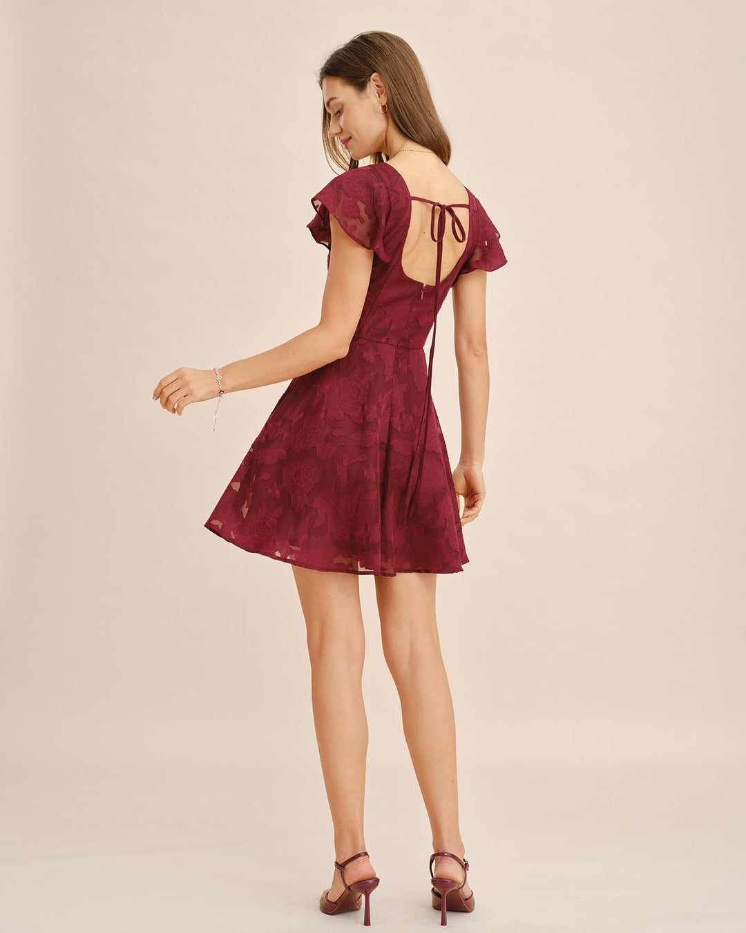 Vestido Mini Jacquard de Cuello Cuadrado Color Rojo Vino