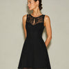 Vestido Mini Negro Sin Mangas con Cuello Barco de Encaje