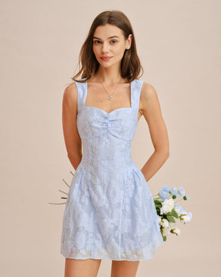Vestido Mini Jacquard con Escote Corazón Azul