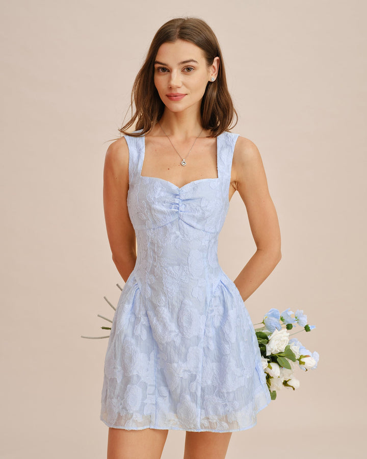 Vestido Mini Jacquard con Escote Corazón Azul