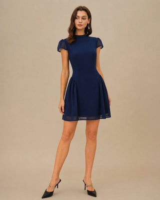 Vestido Mini A-Line Arrugado Azul Tortuga
