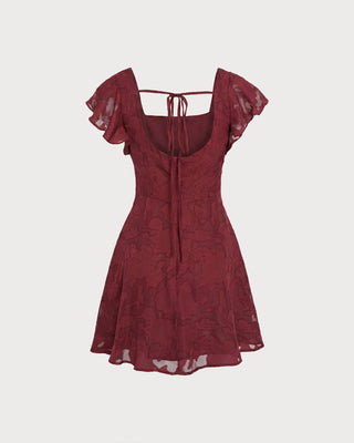 Vestido Mini Jacquard de Cuello Cuadrado Color Rojo Vino