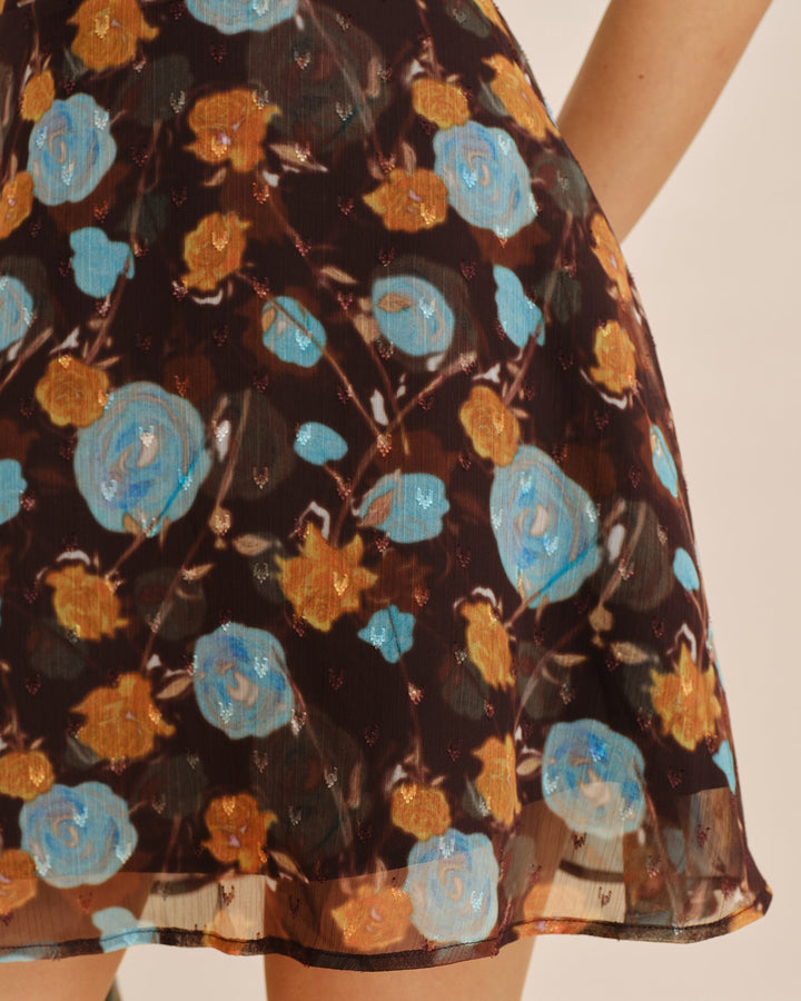 Vestido Mini Floral de Cuello Barco Café