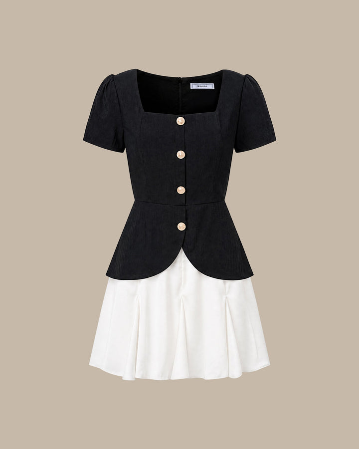 Vestido Mini de Cuello Cuadrado Negro con Contraste