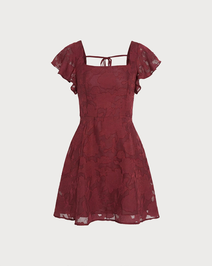 Vestido Mini Jacquard de Cuello Cuadrado Color Rojo Vino