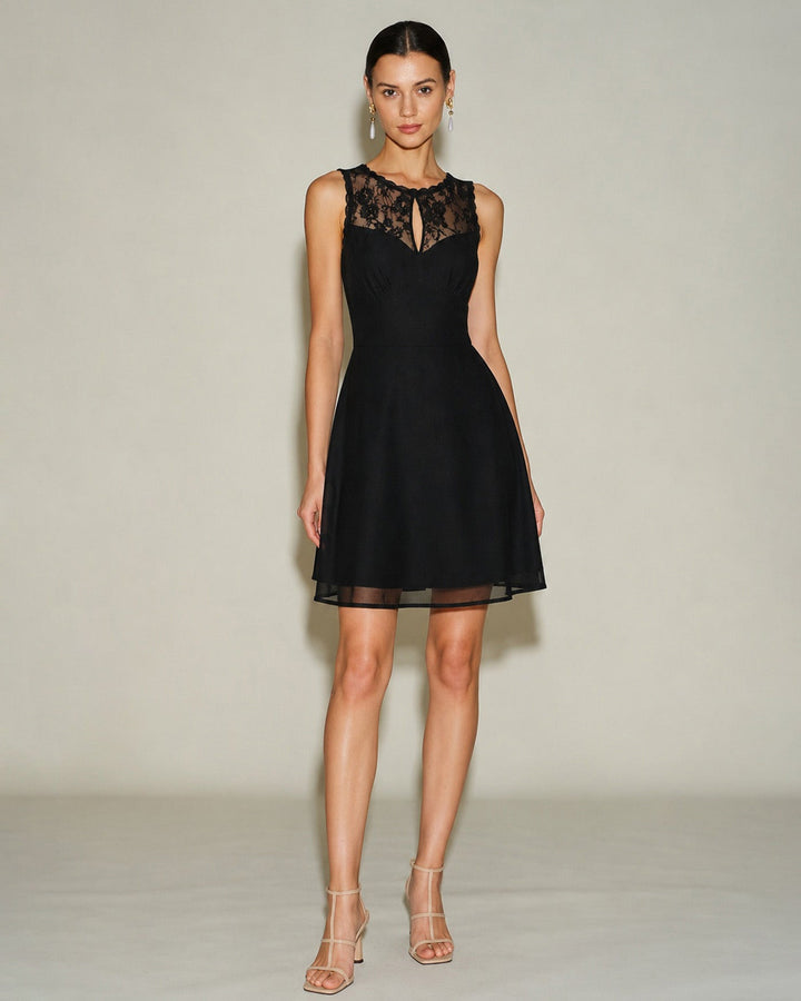 Vestido Mini Negro Sin Mangas con Cuello Barco de Encaje