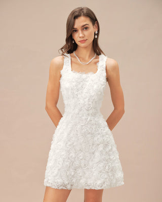 Vestido Mini A-Line Floral con Cuello Cuadrado Blanco